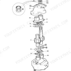 JCB 712, 716, 700 Series hydraulic gear pump exploded view diagram showing housing, shafts, gears, and bearing components.