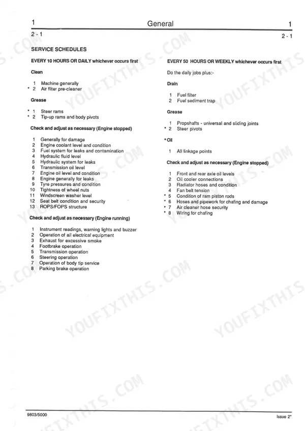 JCB 712, 716, 700 Series service manual page showing daily and 50-hour maintenance service schedules and checklists.