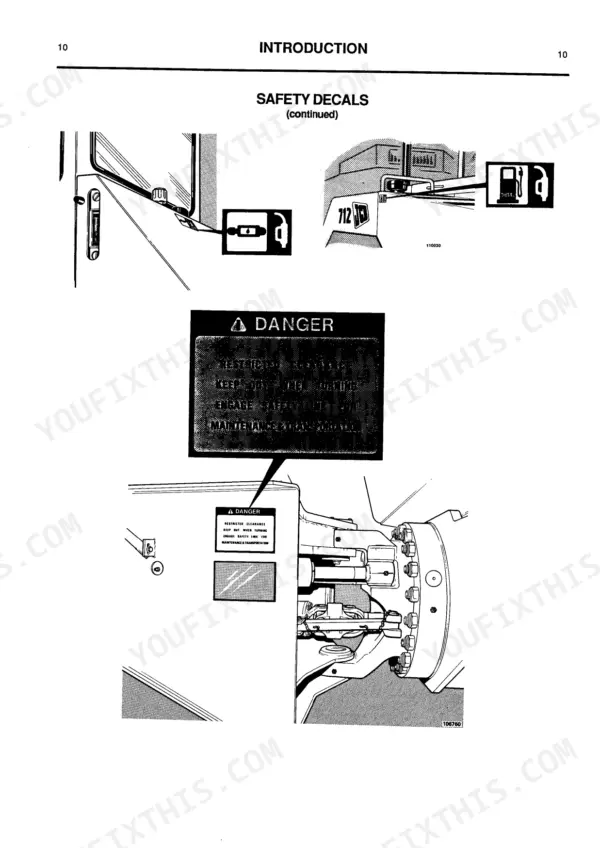 JCB 712, 712 Articulated Dump Truck, 712 ADT manual page showing safety decal locations and danger warning labels.