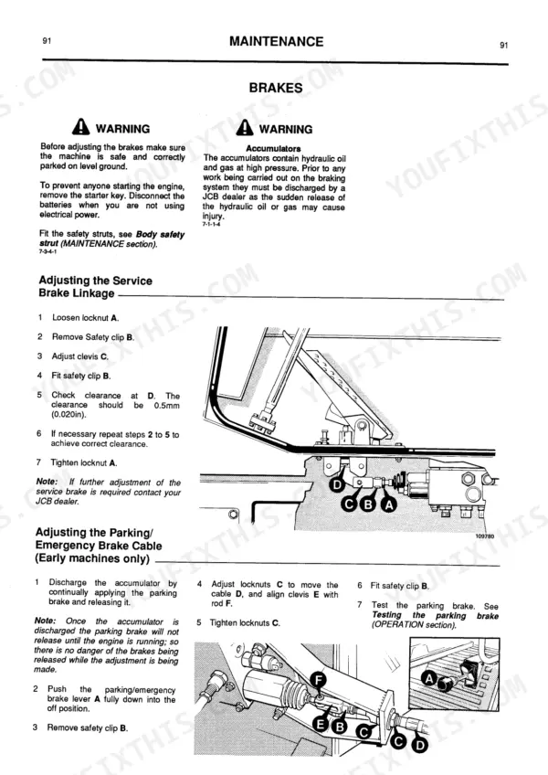 JCB 712, 712 Articulated Dump Truck, 712 ADT maintenance manual page showing service brake linkage and parking brake cable adjustment.