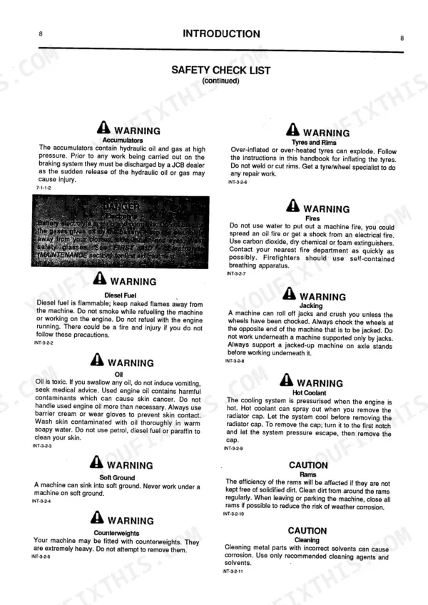 JCB 712, 712 Articulated Dump Truck, 712 ADT safety check list page covering accumulators, tires, fires, jacking, and fuel.