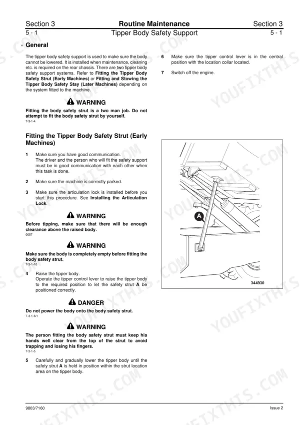 JCB 714, 718, 714 Dumper Truck, 718 Dumper Truck maintenance procedure for fitting the tipper body safety strut.