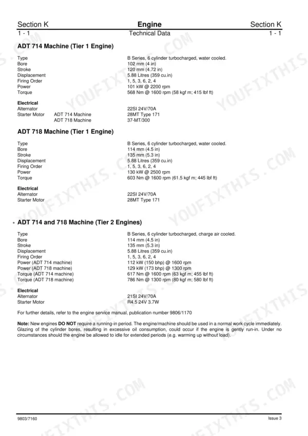 JCB 714, 718, 714 Dumper Truck, 718 Dumper Truck technical data table for Tier 1 and Tier 2 engine specifications.