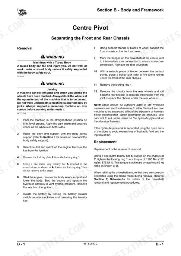 JCB 714, 718, Articulated Dump Truck 714, 718, ADT 714/718 service manual procedure for separating the front and rear chassis.