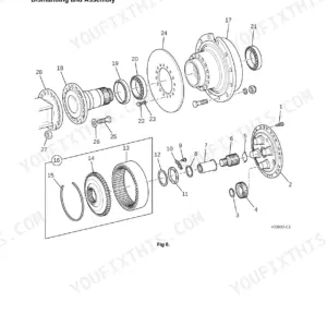 JCB 722, Articulated Dump Truck - 722, exploded view diagram of the hub and driveshaft assembly components.
