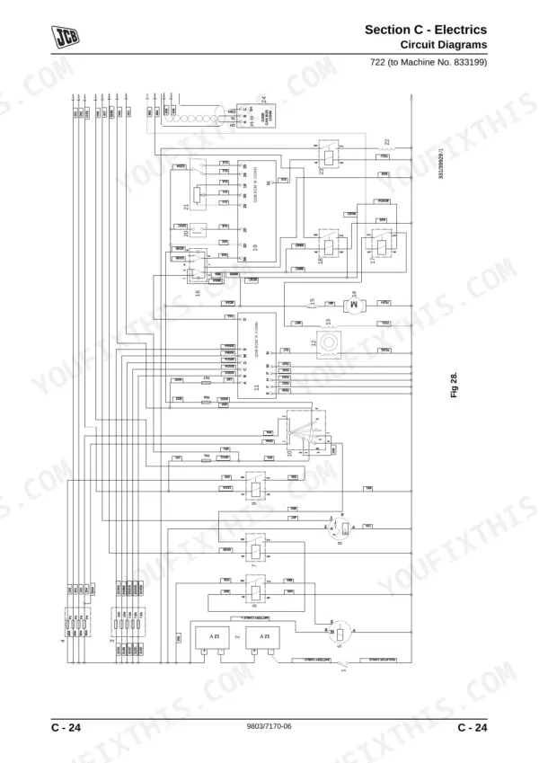 JCB 722, Articulated Dump Truck - 722, electrical circuit diagram showing QSB ECM connections, battery, and starter motor.