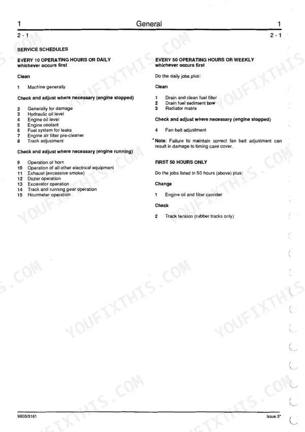 JCB 801, 801 Tracked Excavator service manual page showing daily, weekly, and first 50-hour maintenance schedules.