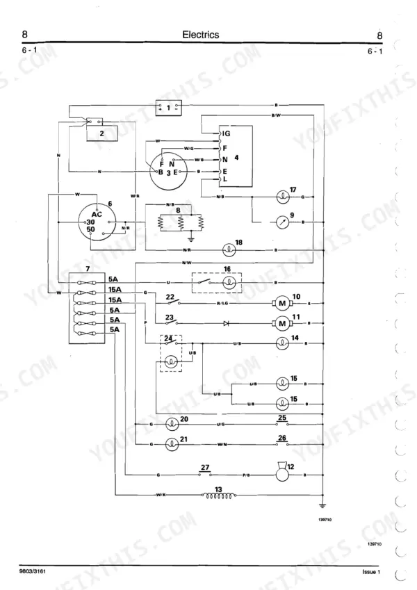JCB 801, 801 Tracked Excavator electrical system wiring diagram showing fuses, switches, motors, and indicator lights.