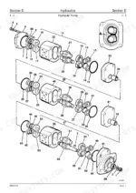 jcb-8013-to-gravemaster-mini-excavator-service-manual-9803-3105-issue-3-exploded-view-199.webp JCB 8013, 8014, 8015, 8016, 8017, 8018, 801 Gravemaster, 801.4 exploded view diagram of the triple hydraulic pump assembly.