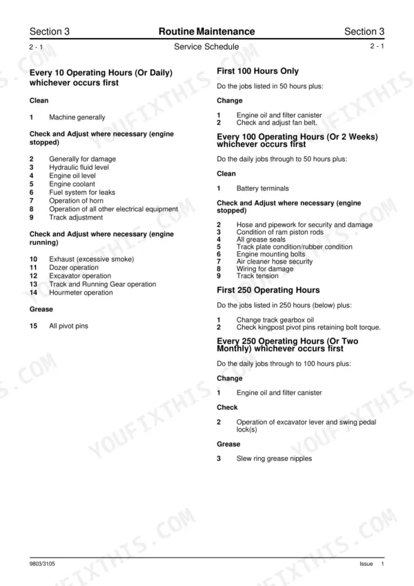 JCB 8013, 8014, 8015, 8016, 8017, 8018, 801 Gravemaster, 801.4 routine maintenance service schedule table for 10 to 250 hours.