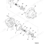 JCB 8014, 8016, 8018, 8020 exploded view diagram of track motor dismantling and assembly components.