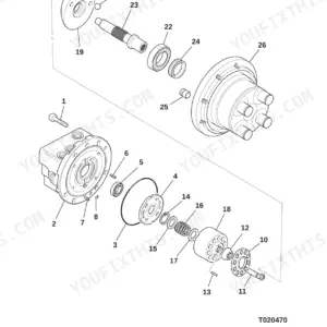 JCB 8014, 8016, 8018, 8020 exploded view diagram of track motor dismantling and assembly components.