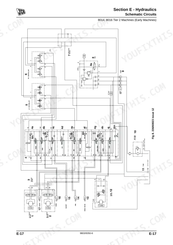 JCB 8014, 8016, 8018, 8020 hydraulic schematic circuit diagram for early machines showing pump, manifold, and motors.