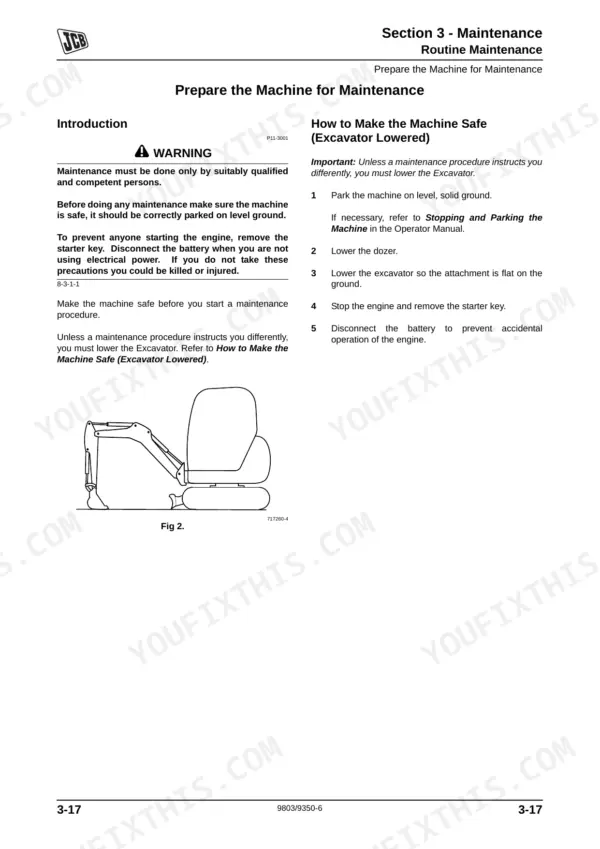 JCB 8014, 8016, 8018, 8020 maintenance manual page showing procedures to prepare the machine and make it safe.