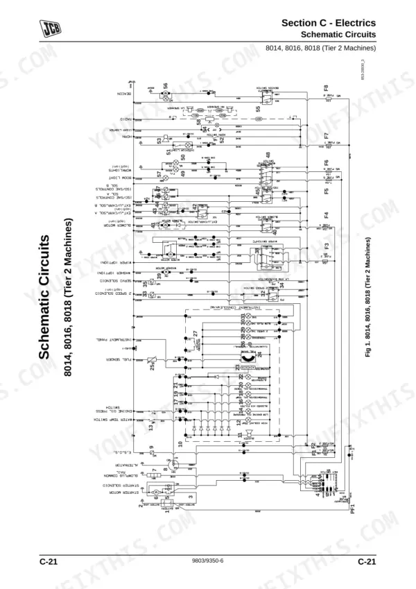 JCB 8014, 8016, 8018, 8020 electrical schematic circuit diagram showing fuses, relays, and component wiring connections.