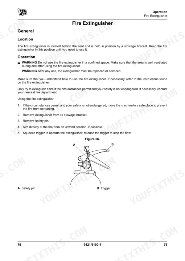 JCB 8014 CTS, 8016 CTS, 8018 CTS, 8020 CTS fire extinguisher operation guide, location, and safety pin diagram.