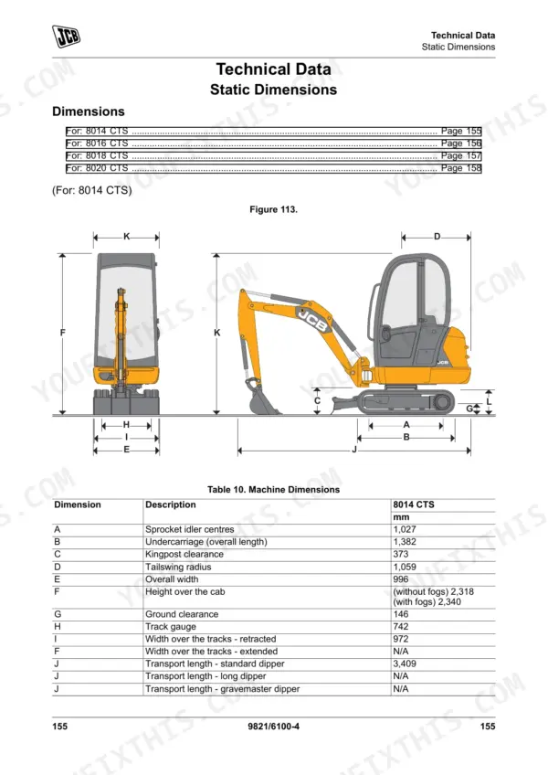 JCB 8014 CTS, 8016 CTS, 8018 CTS, 8020 CTS static dimensions diagram and 8014 CTS machine dimensions specification table.