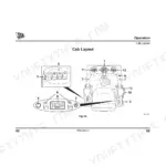 JCB 8018 CTS operator manual diagram showing numbered cab layout, controls, switches, and instrument cluster.