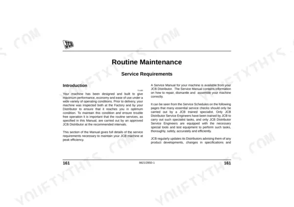 JCB 8018 CTS Routine Maintenance introduction and service requirements page 161.