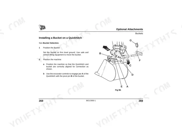 JCB 8018 CTS procedure for installing a bucket on a Quickhitch, showing pivot pin and jaw alignment diagram.