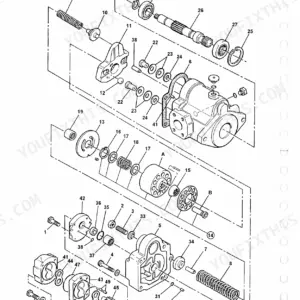 JCB 802.7, 803, 804 exploded view diagram of hydraulic pump components, including shaft, bearings, and gear assembly.