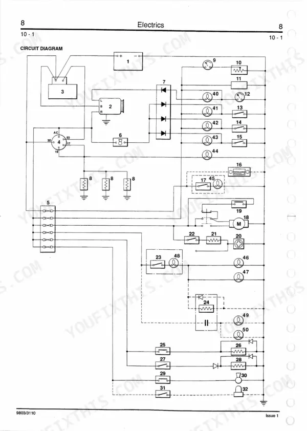 JCB 802.7, 803, 804 electrical circuit diagram showing battery, ignition switch, fuses, relays, and lighting components.