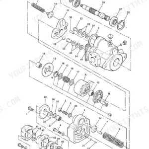 JCB 802.7, 803, 804 exploded view diagram of hydraulic pump components, including gear pump, shaft, bearings, and seals.