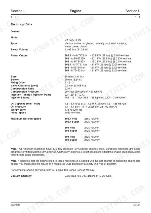 JCB 802.7, 803, 804 engine technical data table including power output, bore, stroke, and oil capacity specifications.