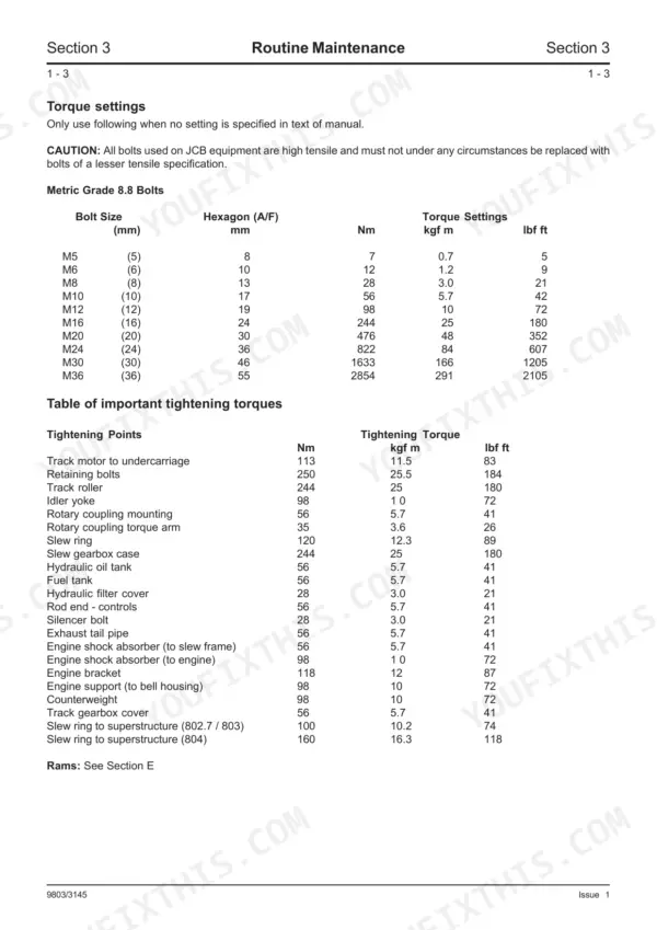 JCB 802.7, 803, 804 service manual torque settings table for metric grade 8.8 bolts and component tightening points.