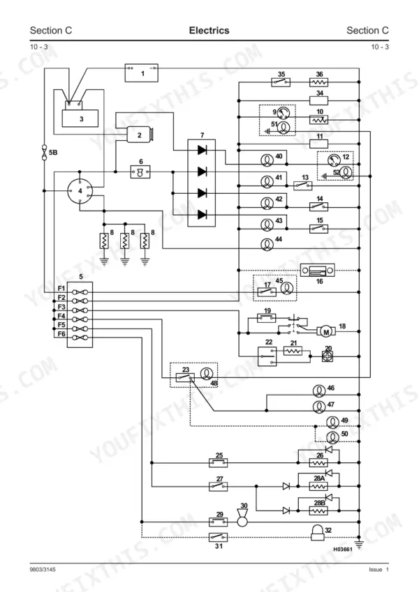 JCB 802.7, 803, 804 electrical system wiring diagram showing fuses, relays, switches, and component connections.