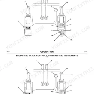 JCB 802.7 Super, 803 Plus, 803 Super, 804 Super diagram of engine and track controls, switches, and instruments.