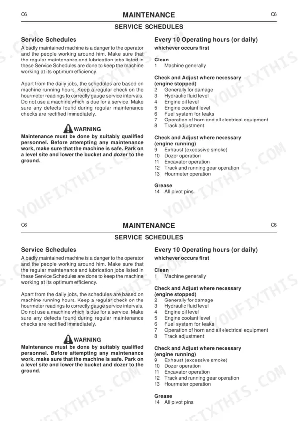 JCB 802.7 Super, 803 Plus, 803 Super, 804 Super maintenance manual page showing 10-hour daily service schedule tasks.