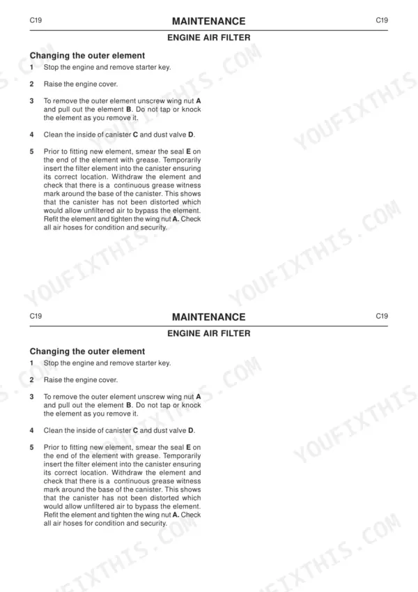 JCB 802.7 Super, 803 Plus, 803 Super, 804 Super maintenance procedure for changing the engine air filter element.