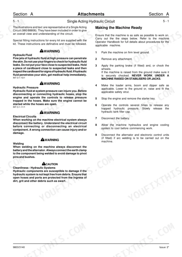 JCB 802, 802.4, 802 Super, 801.4 service manual page for single acting hydraulic circuit safety and machine preparation.