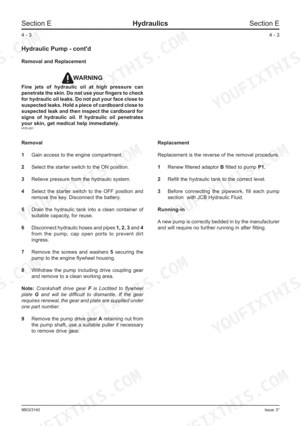 JCB 802, 802.4, 802 Super, 801.4 hydraulic pump removal and replacement service procedure instructions.