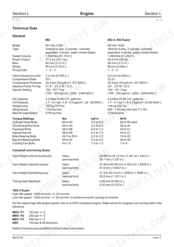 JCB 802, 802.4, 802 Super, 801.4 engine technical data, torque settings, and camshaft specifications table.