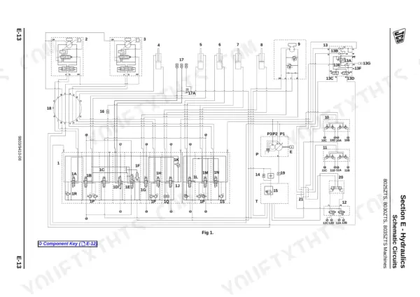 JCB 8025ZTS, 8026CTS, JS30, 8029CTS, 8030ZTS, 8035ZTS hydraulic schematic circuit diagram showing pumps, valves, and cylinders.