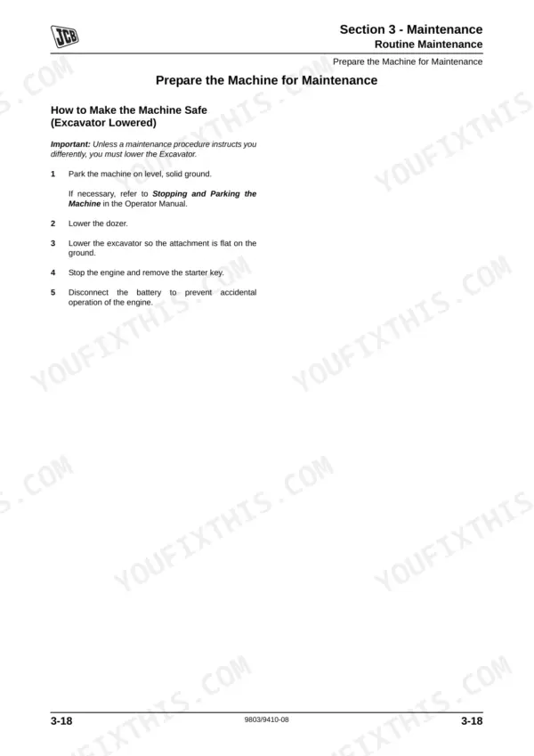 JCB 8025ZTS, 8026CTS, JS30, 8029CTS, 8030ZTS, 8035ZTS maintenance procedure for making the excavator machine safe.