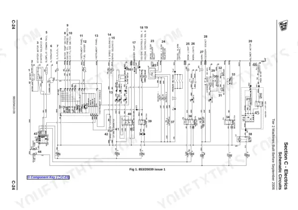 JCB 8025ZTS, 8026CTS, JS30, 8029CTS, 8030ZTS, 8035ZTS electrical schematic diagram showing circuits for starter, lights, and blower.