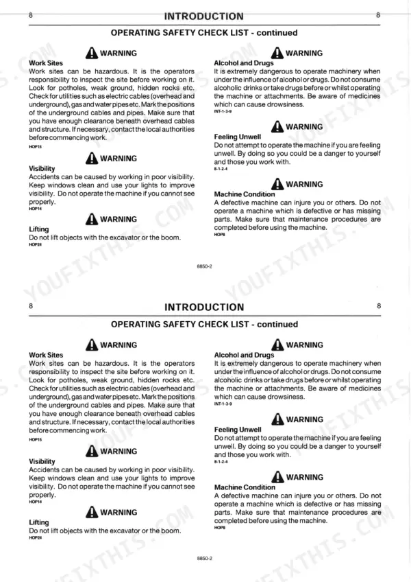 JCB 8027Z, 8032Z operating safety check list covering work sites, visibility, lifting, and operator health warnings.