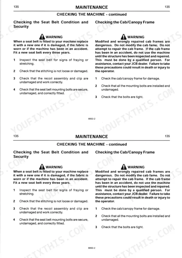 JCB 8027Z, 8032Z maintenance manual page: procedures for checking seat belt condition and cab/canopy frame security.