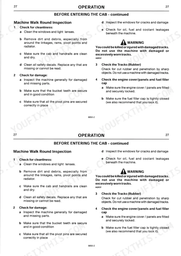JCB 8027Z, 8032Z operator manual page 27, machine walk round inspection and pre-entry safety procedures.