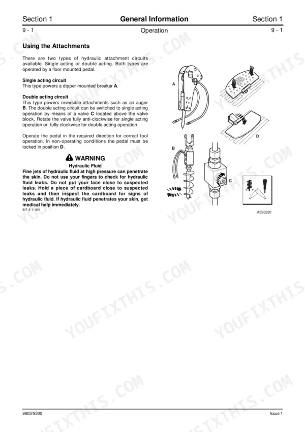 JCB 8027Z, 8032Z, HL 403C-15 hydraulic attachment circuit operation, pedal controls, and valve adjustment diagrams.