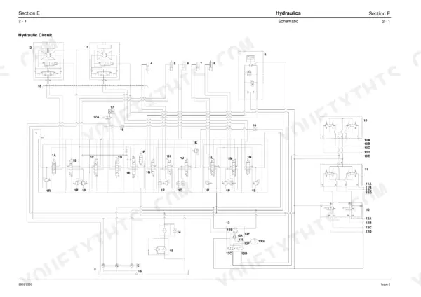 JCB 8027Z, 8032Z, HL 403C-15 hydraulic circuit schematic showing control valves, pump ports, and system connections.