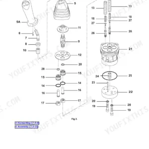JCB 8040, 8045, 8050, 8055, HP 404C-22, GN 404D-22 exploded view diagram of servo hand controller dismantling and assembly.