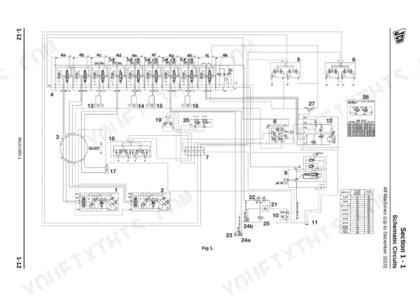 JCB 8040, 8045, 8050, 8055, HP 404C-22, GN 404D-22 hydraulic schematic diagram showing valve blocks and flow rate table.