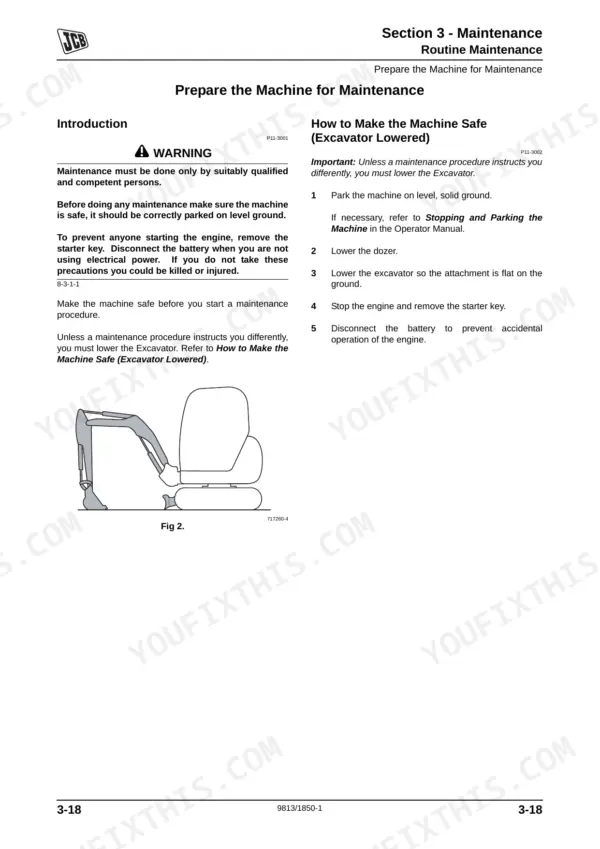 JCB 8040, 8045, 8050, 8055, HP 404C-22, GN 404D-22 maintenance procedure for preparing the machine and safety steps.
