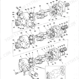 JCB 805, 805B, 806B, 807B, 808 hydraulic gear pump exploded view diagram showing housing, gears, seals, and assembly components.