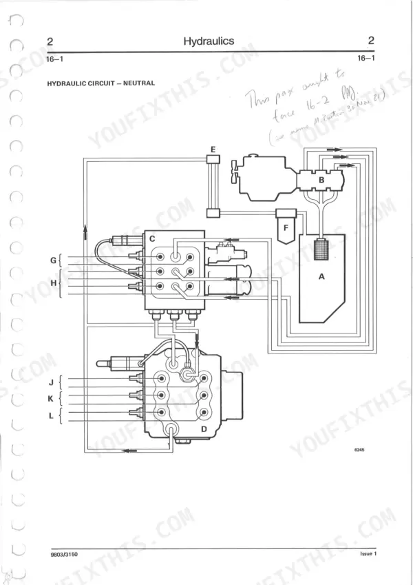 JCB 805, 805B, 806B, 807B, 808 hydraulic circuit diagram showing neutral position flow for pump, filter, and control valves.