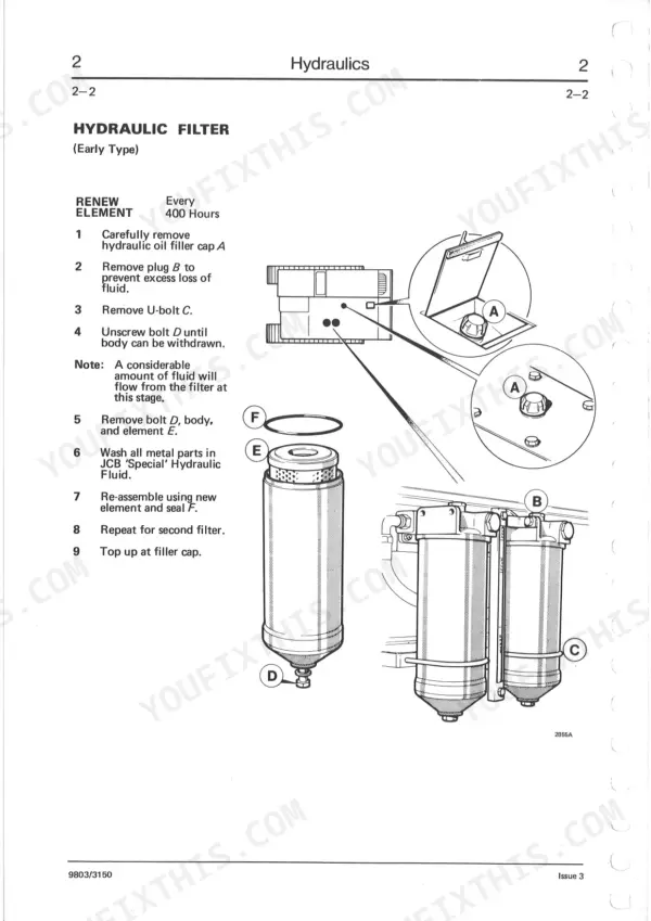 JCB 805, 805B, 806B, 807B, 808 hydraulic filter early type replacement procedure with component diagram and steps.